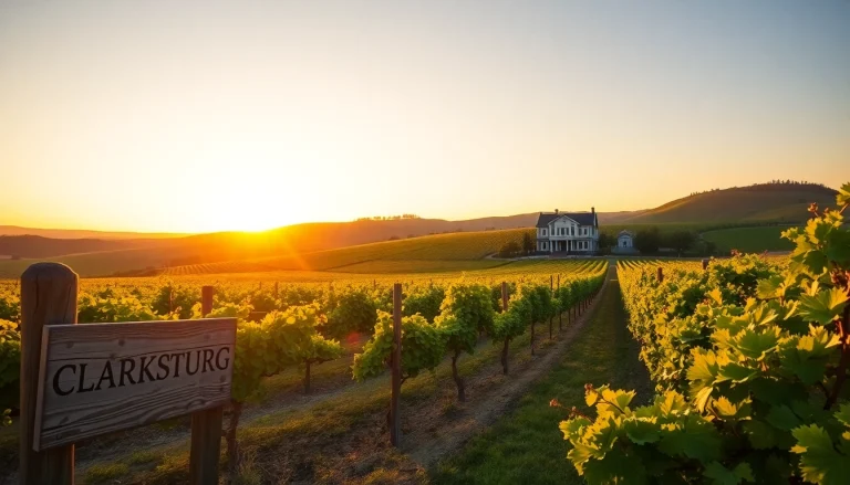 A scenic vineyard showcasing wineries in Clarksburg with lush grapevines, sunset light, and a welcoming atmosphere.