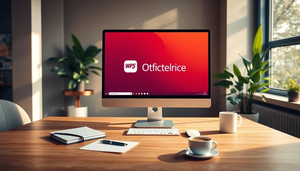 在现代工作场景中探索 WPS Office 软件，展示电脑设备和咖啡。