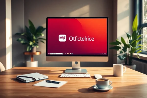 在现代工作场景中探索 WPS Office 软件,展示电脑设备和咖啡。