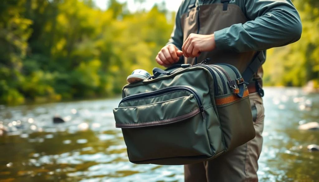 Angler organizing equipment in a Fly fishing bag by the riverbank, surrounded by nature.