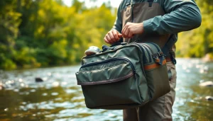 Angler organizing equipment in a Fly fishing bag by the riverbank, surrounded by nature.