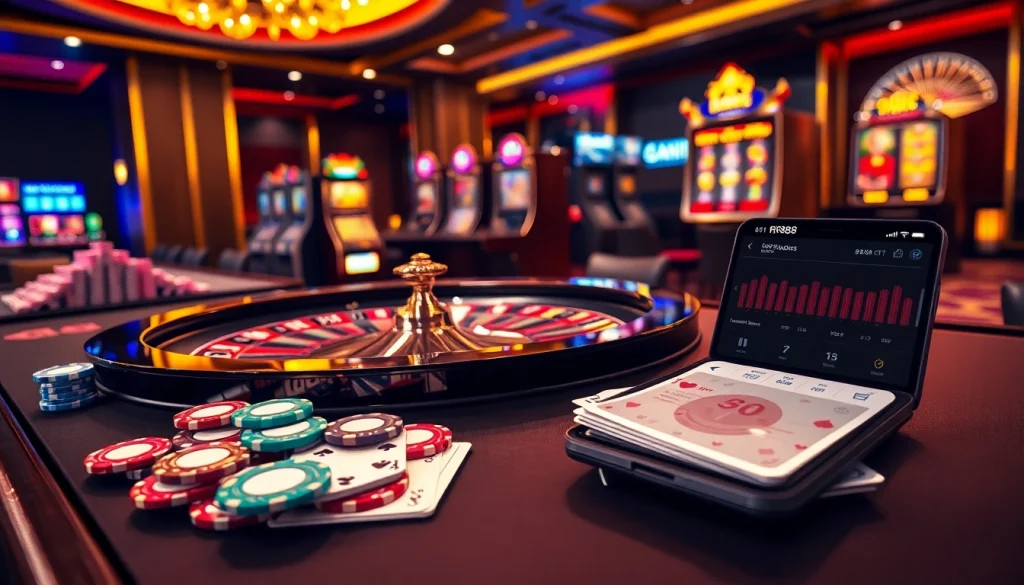 Experience the thrill of RR88 gaming with a luxurious casino scene featuring roulette, cards, and slot tickets.