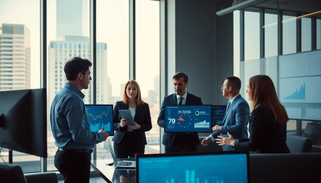 Analyze competitive intelligence data with a focused business team in a modern office.