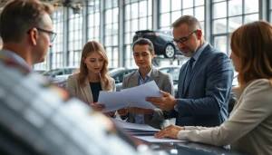 Vehicle service contract provider consulting office with professionals discussing contracts.