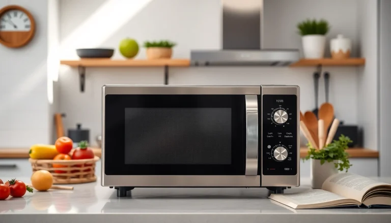 Microwave Oven on a modern kitchen countertop surrounded by cooking ingredients.