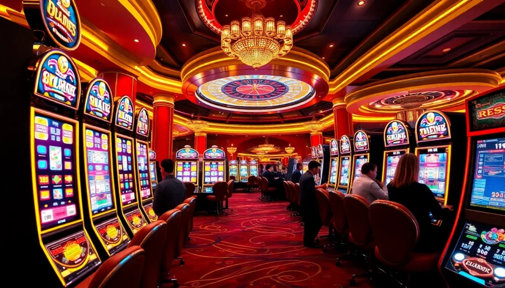 Players enjoying high-stakes slot games at a luxurious casino with pen4d alternatif options.