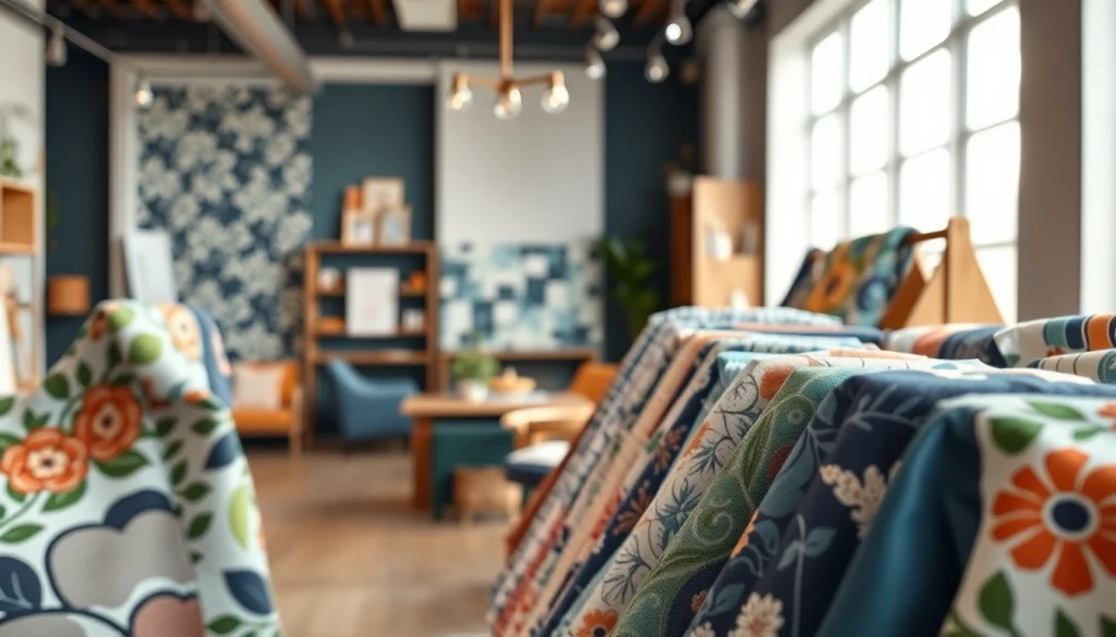 Bekijk bedrukte stoffen kopen met kleurrijke ontwerpen in een stijlvolle showroom.
