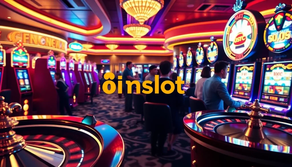 Players enjoying the thrilling idnslot experience at vibrant slot machines in a luxurious casino atmosphere.