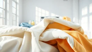 Bekijk katoen stof wassen in een moderne wasserij met frisse witte en kleurrijke stoffen.