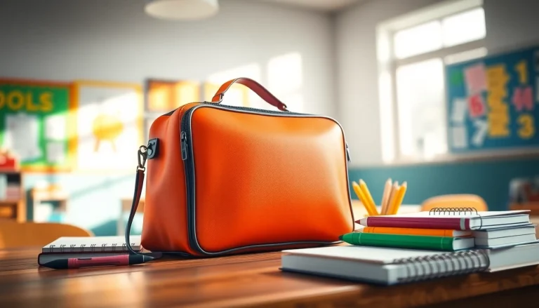 Stylische Handytasche Schule auf einem Schreibtisch mit Schulmaterialien, die für Schüler geeignet ist.