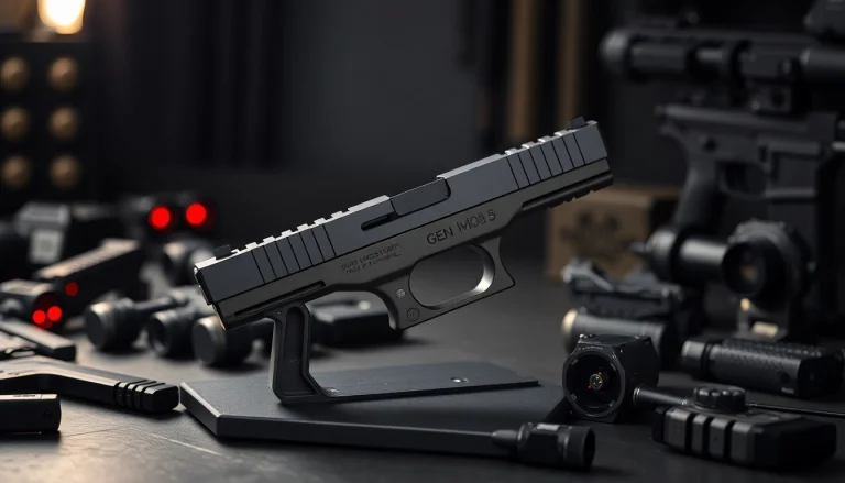 Showcase the Glock 19 Gen 5 MOS OEM Slide with tactical accessories in a dramatic lighting.