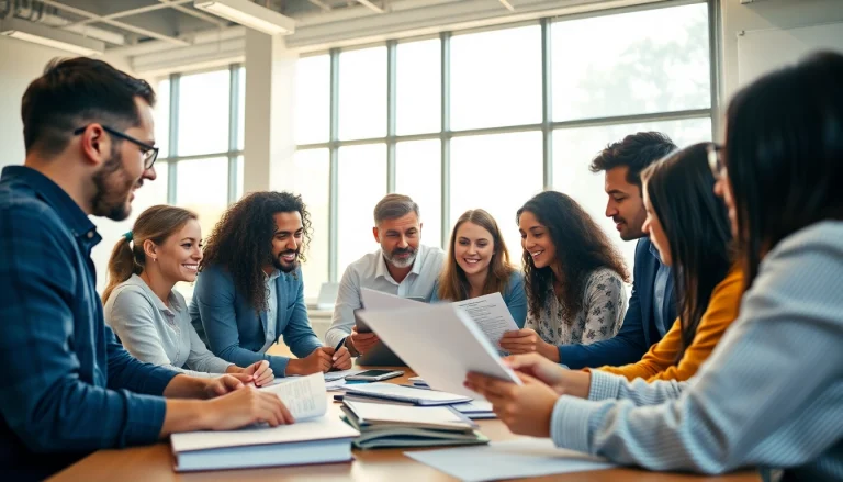 Engaging study group collaborating on certification exam support in a bright classroom.