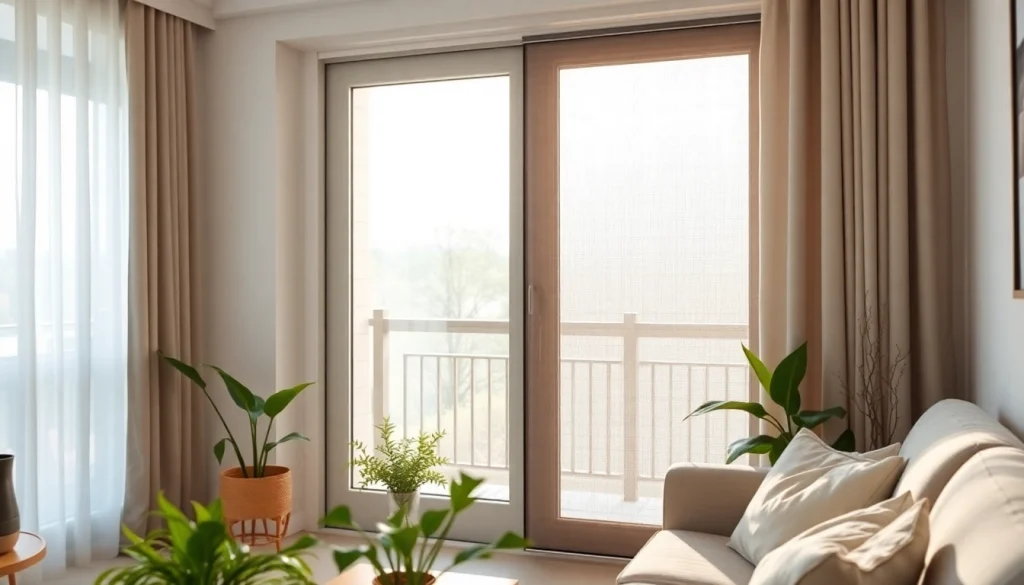 Otwórz moskitiery na drzwi balkonowe z eleganckim designem w przytulnym wnętrzu.