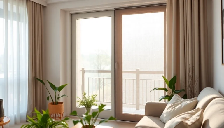 Otwórz moskitiery na drzwi balkonowe z eleganckim designem w przytulnym wnętrzu.