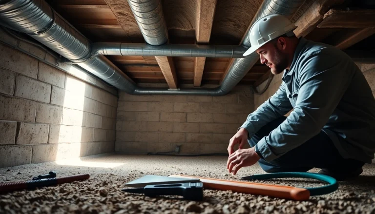 Crawl Space Restoration showcasing a technician inspecting an enhanced area with safety measures.