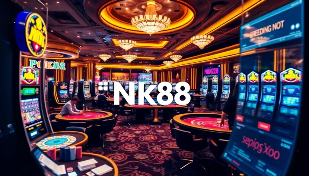 Experience the thrill of gambling at NK88 with vibrant casino tables and engaging players.