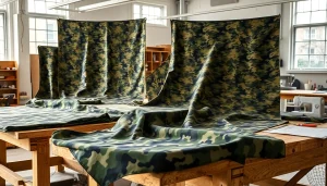 Bekijk camouflage print stoffen met diverse patronen en texturen op de werktafel.