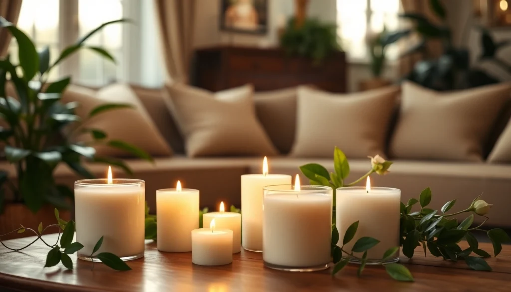 Mirisne svece od sojinog voska na drvenom stolu okružene zelenim biljkama.