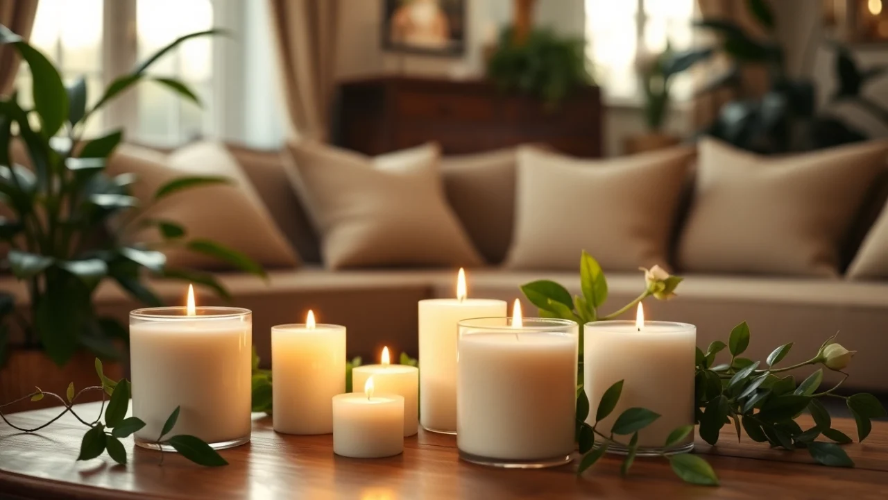 Mirisne svece od sojinog voska na drvenom stolu okružene zelenim biljkama.