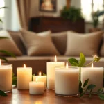 Mirisne svece od sojinog voska na drvenom stolu okružene zelenim biljkama.