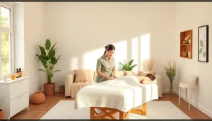 전문 치료사가 가정 마사지 환경을 준비하는 편안한 오산출장마사지 장면.