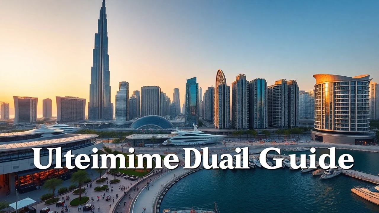 Ultimate Dubai Guide showcasing Dubai skyline with iconic buildings at sunset.