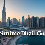 Ultimate Dubai Guide showcasing Dubai skyline with iconic buildings at sunset.