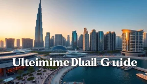 Ultimate Dubai Guide showcasing Dubai skyline with iconic buildings at sunset.
