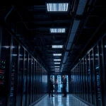 Visually represent CloudWalk Technology in an advanced data center with sleek server systems and energized professionals.