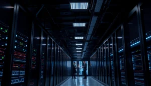 Visually represent CloudWalk Technology in an advanced data center with sleek server systems and energized professionals.