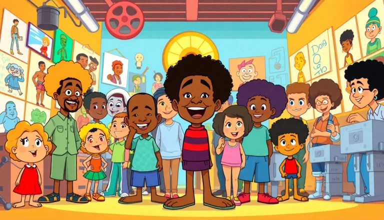 Dynamic scene celebrating African American Cartoons with iconic characters and animation sketches.