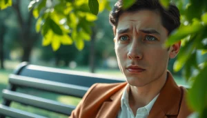 Person showing anxiety symptoms in a serene outdoor setting with soft natural light.