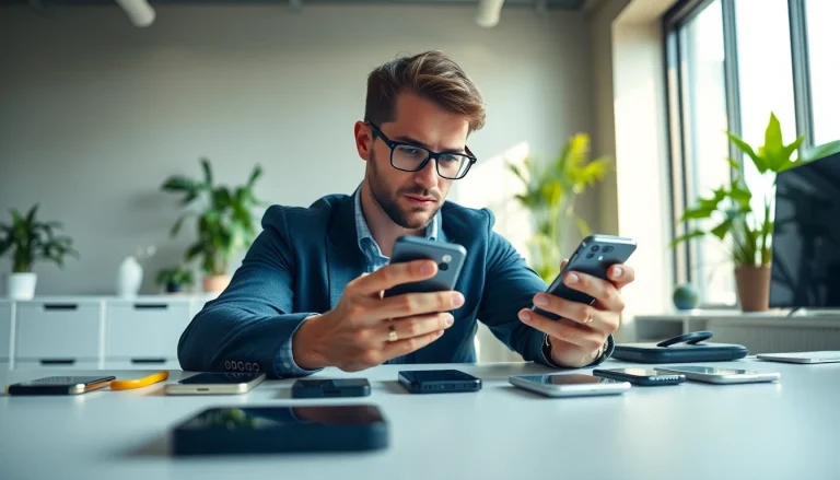 Quick phone buyer analyzing smartphones in a modern office environment.
