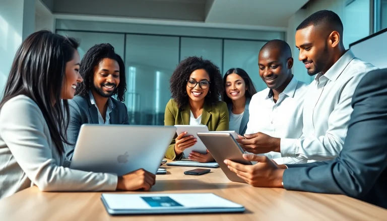 Showcasing enterprise assistant software empowering teams in a vibrant modern workspace.