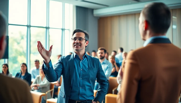 Engaged audience attending Presentation Skills Training led by a professional trainer in a bright, modern setting.