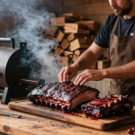 Authentic smokehouse with rokok88 smoked meats, showcasing brisket and ribs, surrounded by spices and wood.