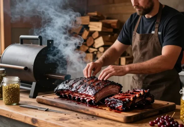 Authentic smokehouse with rokok88 smoked meats, showcasing brisket and ribs, surrounded by spices and wood.